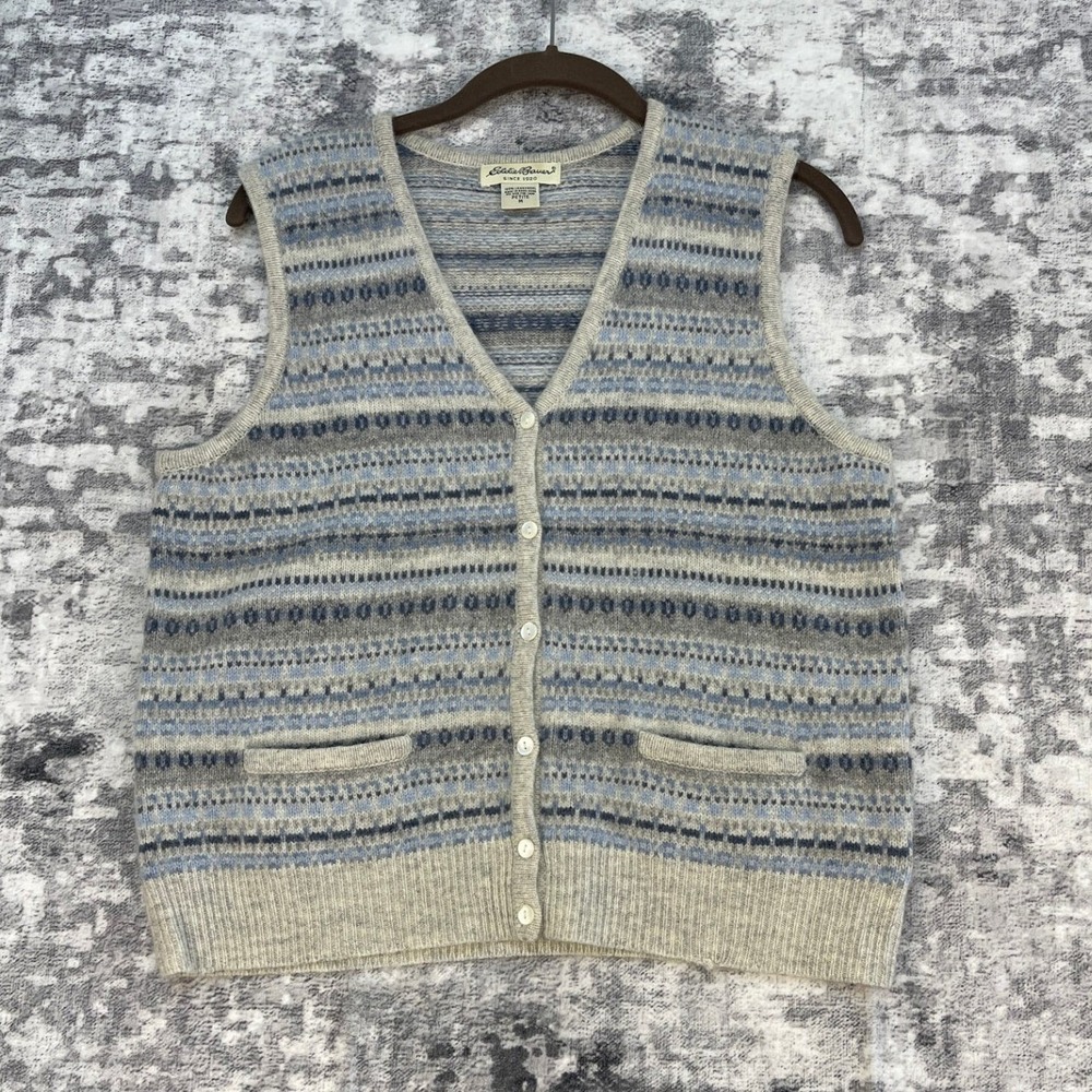 Eddie Bauer Fair Isle Knit Vest Women M Blue Grey Button Front Pockets Lambswool